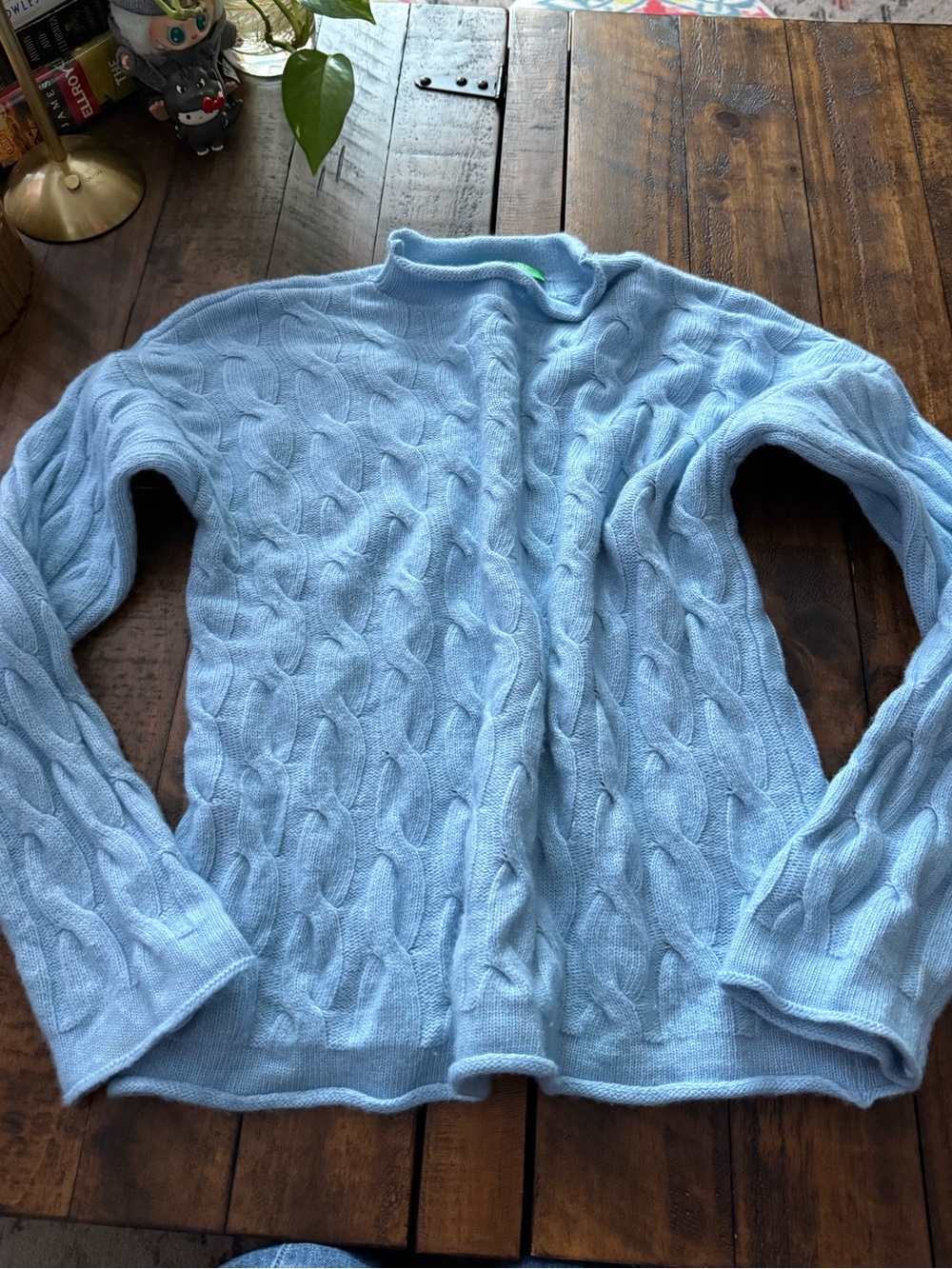 Sz L United Colors Of Benetton Pale Blue Cable-Knit Faux Turtleneck Sweater